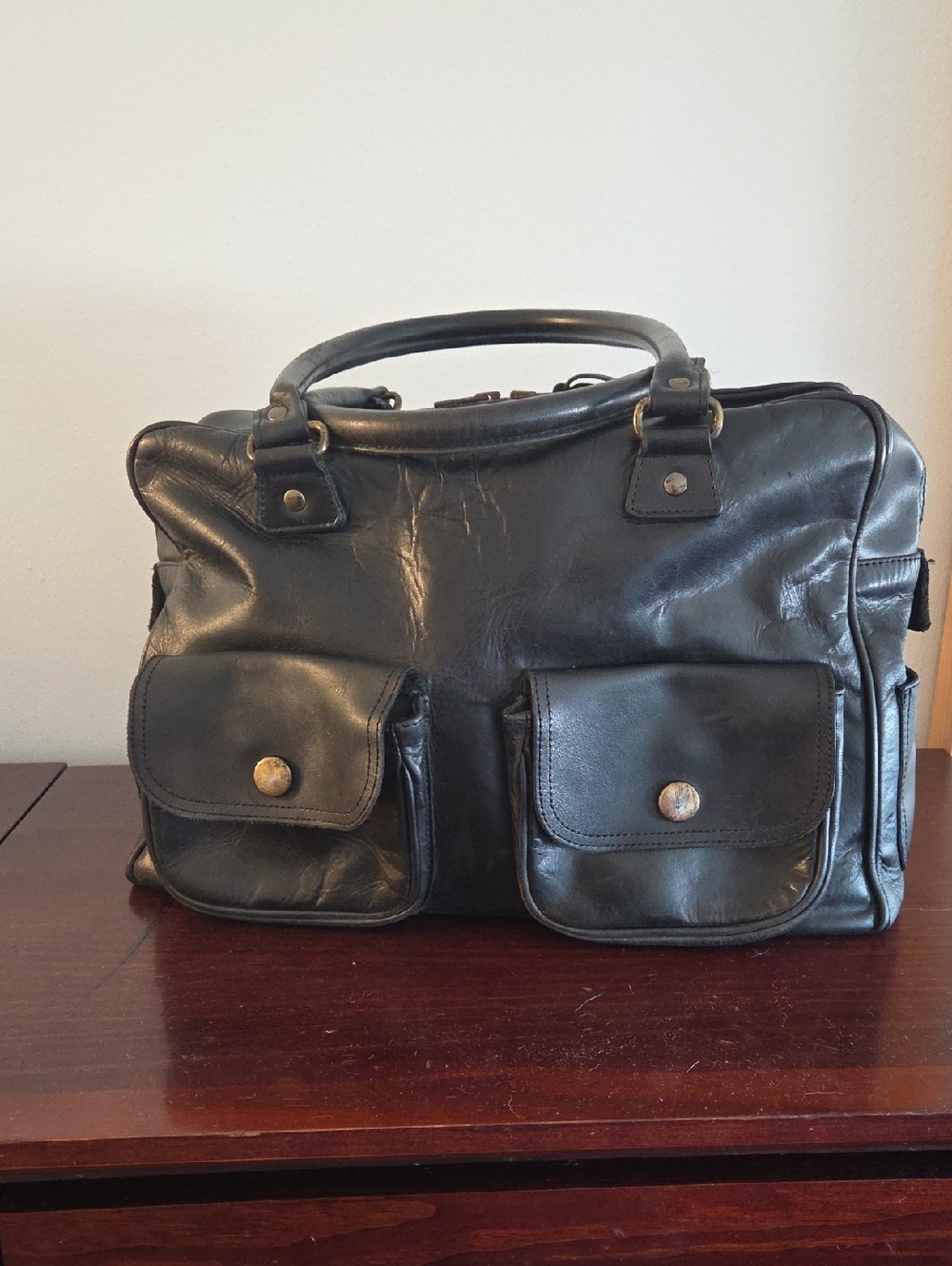 Black Leather Satchel with Front Pockets